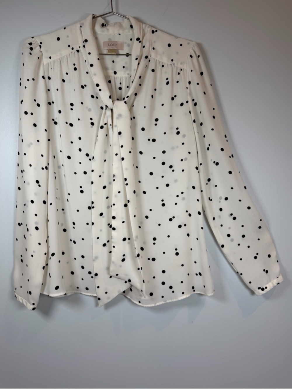 LOFT Cream Polka Dot Tie-Neck Blouse Small